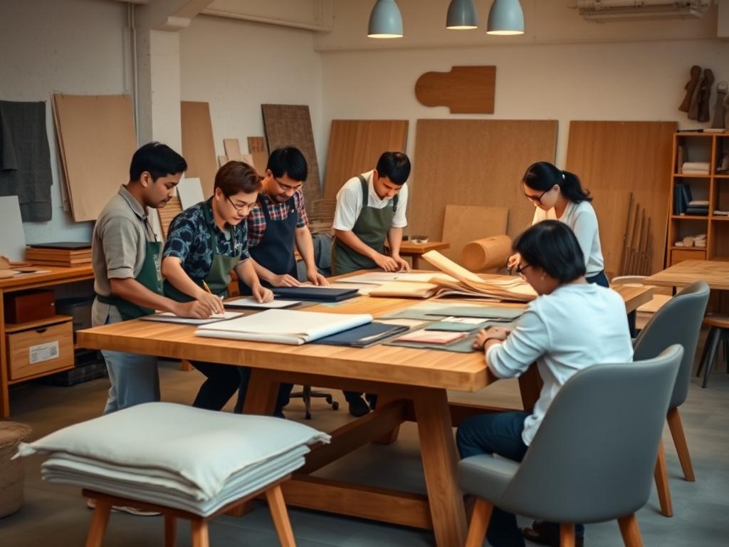 Glintora design team reviewing fabric swatches and timber samples