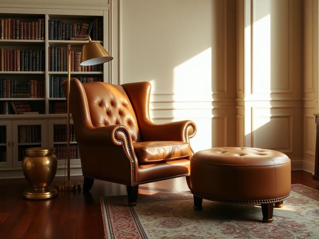 Tan leather wingback armchair with ottoman