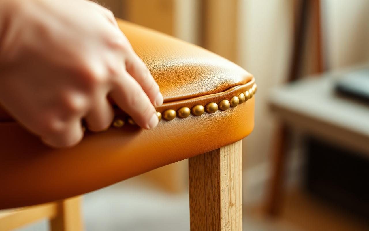 Hands stitching tan leather onto a wooden chair frame