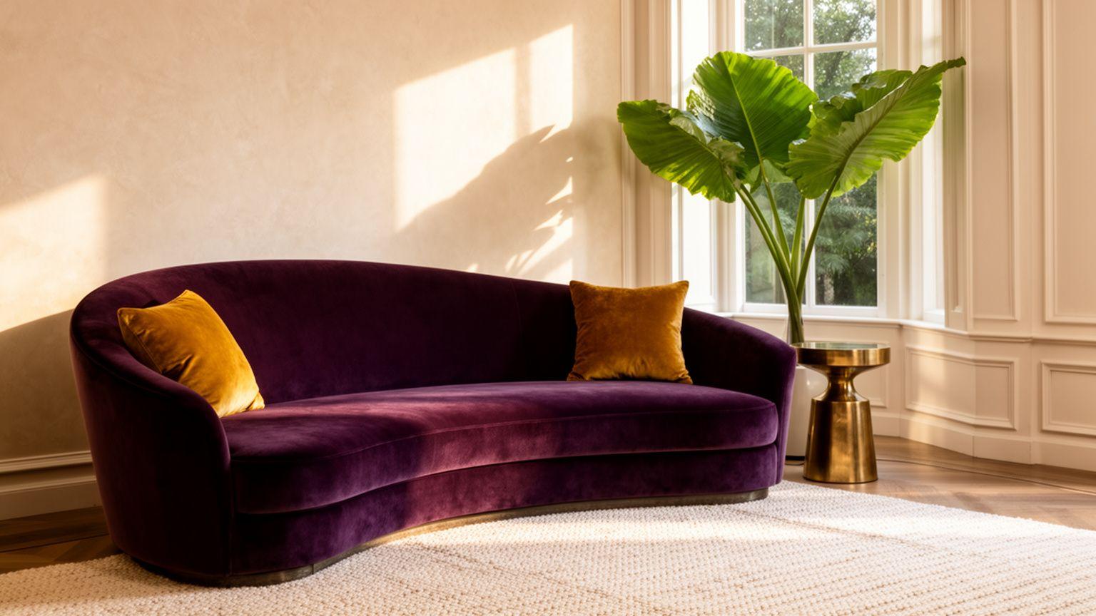 Bespoke aubergine velvet living room interior with brass details