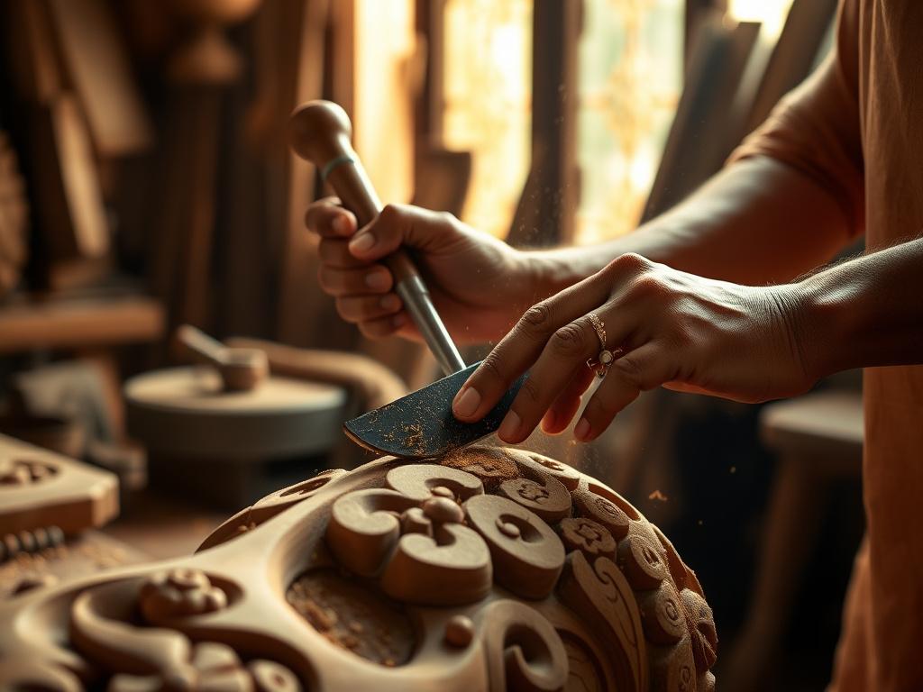 Hands working a chisel on carved teak
