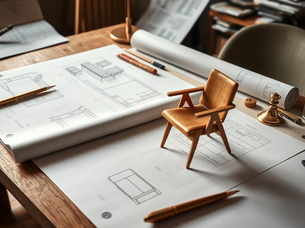 Furniture design sketches and a chair scale model on a desk