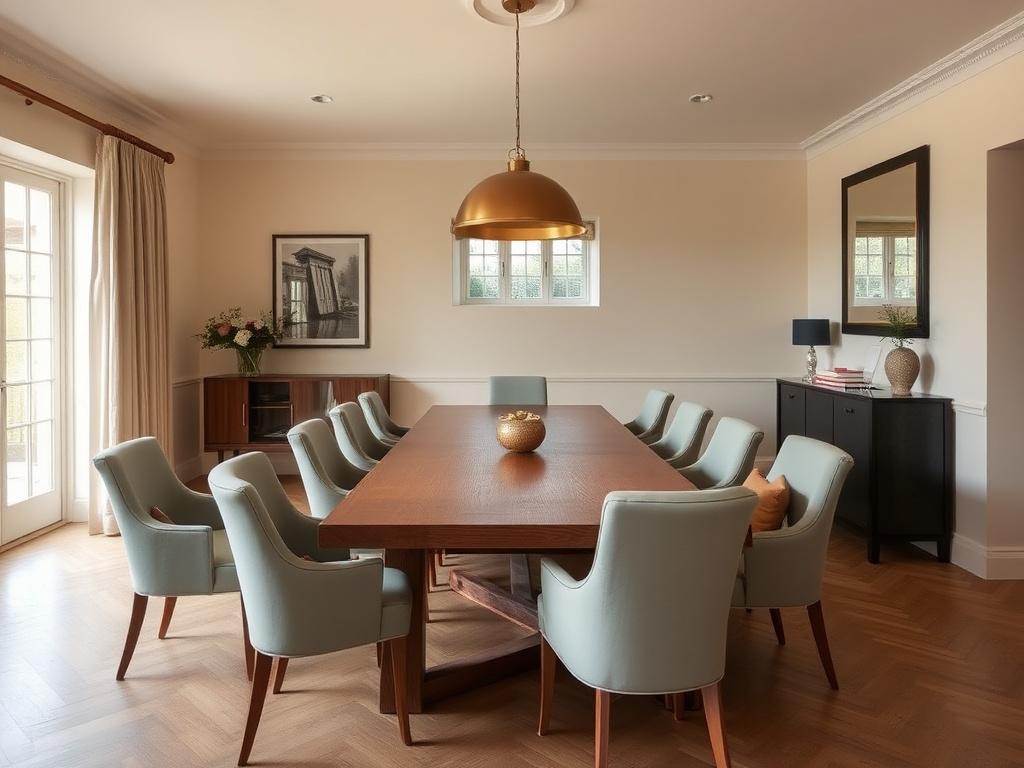 Residential dining room with long teak table and sage chairs
