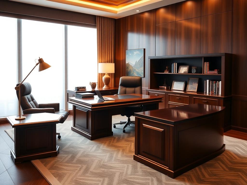 Executive office with custom leather and wood desk