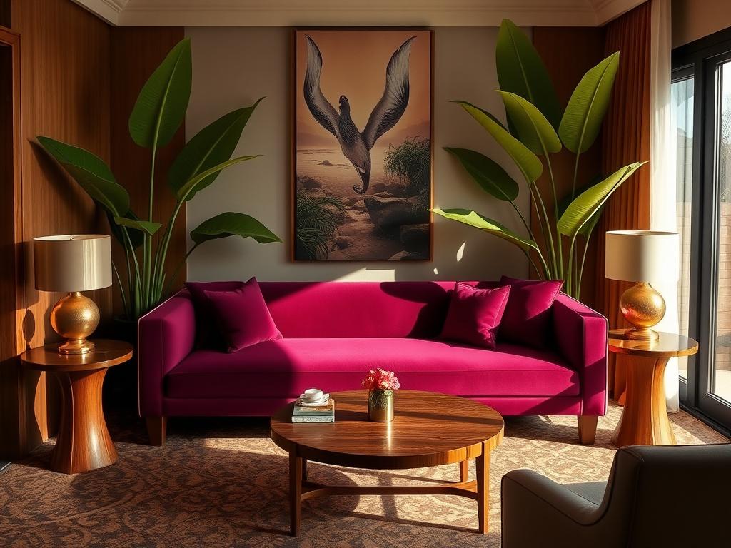 Hotel suite lounge with bespoke aubergine velvet bench