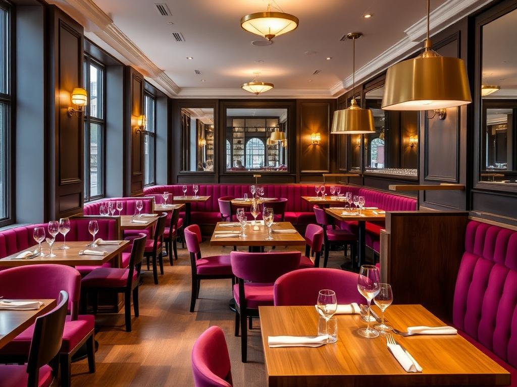 Restaurant interior with aubergine banquettes and brass pendants